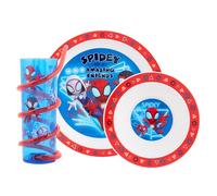 Marvel Spidey and Friends Glow 3pc Tableware Set - Includes Plate, Bowl, and Twisty Straw Tumbler Featuring Spidey, Trace-E, Ghost, and Miles Morales 48 Months UP, Blue & Red
