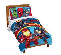 Marvel Super Hero Adventures Double Team 4 Piece Toddler Bed Set - Super Soft Microfiber Bed Set - Bedding Features Captain America, Spiderman, Iron Man, & Black Panther (Official Marvel Product)