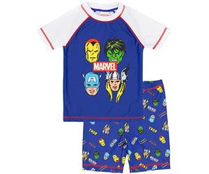 Marvel Swimsuit for Boys | Kids Blue Superheroes Hulk Iron Man Captain America Thor Beach Two-Piece Top Shorts Bathing Suit Swim Set Comics Swimwear