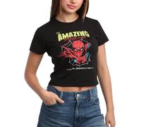 Marvel Women's Spider-Man T-Shirt - Crop Top Graphic Baby Tee - Casual Crewneck Cute Summer Short Sleeve Shirt for Women S-XL, Spider-man Black, M