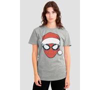 Marvel Women's Spiderman Christmas Santa Hat Portrait T-Shirt, Athletic Heather in Light Grey | Size: XL Marvel Light Grey XL
