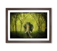 Marvellous Elephant In A Green Forest In Abstract Modern Art Framed Print | A2 Walnut Framed Wall Art | Ready to Hang | Abstract Animal Picture | Living Room Bedroom Lounge Office