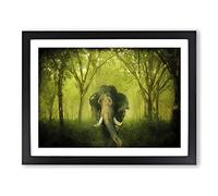Marvellous Elephant In A Green Forest In Abstract Modern Art Framed Print | A3 Black Framed Wall Art | Ready to Hang | Abstract Animal Picture | Living Room Bedroom Lounge Office