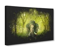 Marvellous Elephant In A Green Forest Paint Splash Canvas Print | Gallery Wrapped 30mm Frame Wall Art | 30x20 inches | Ready to Hang | Modern Animals Picture | Living Room Bedroom Lounge Office