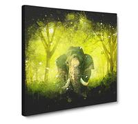 Marvellous Elephant in a Green Forest Paint Splash Canvas Print | Gallery Wrapped 30mm Frame Wall Art | 20x20 inches | Ready to Hang | Modern Animals Picture | Living Room Bedroom Lounge Office