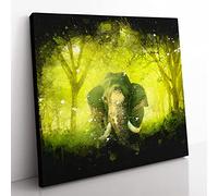 Marvellous Elephant in a Green Forest Paint Splash Modern Canvas Wall Art Print Ready to Hang, Framed Picture for Living Room Bedroom Home Office Décor, 35x35 cm (14x14 Inch)