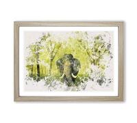 Marvellous Elephant in a Green Forest Watercolour Framed Print | A2 Oak Framed Wall Art | Ready to Hang | Modern Animal Picture | Living Room Bedroom Lounge Office