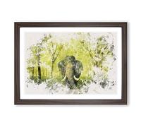 Marvellous Elephant in a Green Forest Watercolour Framed Print | A2 Walnut Framed Wall Art | Ready to Hang | Modern Animal Picture | Living Room Bedroom Lounge Office
