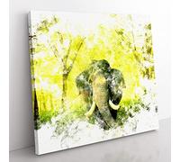 Marvellous Elephant in a Green Forest Watercolour Modern Canvas Wall Art Print Ready to Hang, Framed Picture for Living Room Bedroom Home Office Décor, 35x35 cm (14x14 Inch)