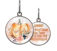 MARVIN+CO Pumpkin Dog Tag - Add Any Name on Front & Custom Text on Back - Durable Lightweight Double-Sided Metal Pet ID Tag - Autumn Watercolour Design - Halloween Inspired - 2 Sizes