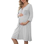 Marvmys Maternity Nightdress For Hospital Breastfeeding Nightwear 3/4 Length Sleeves Nursing Nightgown Button Down Sleep Shirt V Neck Pajama Soft Loungwear For Pregnant Women A-Light grey XXL