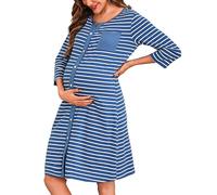 Marvmys Maternity Nightdress For Hospital Breastfeeding Nightwear 3/4 Length Sleeves Nursing Nightgown Button Down Sleep Shirt V Neck Pajama Soft Loungwear For Pregnant Women A-Navy Blue-1 XXL