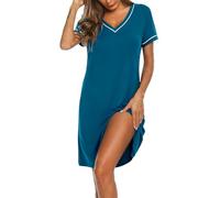 Marvmys Women Soft Nighties Women's Nightdress Short Sleeve Nightshirt Luxury Soft Touch Nightgown V-Neck Sleepwear Summer Sleepshirts Navy Blue XXL