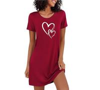 Marvmys Women's Nightdress Short Sleeve Nightshirt Heart Print Designs Nightgown Cotton Sleepwear Nighties for Women Red XL