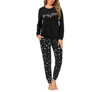 Marvmys Women's Pyjamas Set Long Sleeve Pyjamas Set Ladies Cotton Sleepwear Pjs Round Neck Soft Top and Long Bottoms with Pockets Black