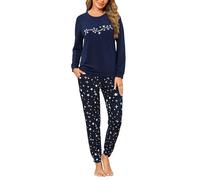 Marvmys Women's Pyjamas Set Long Sleeve Pyjamas Set Ladies Cotton Sleepwear Pjs Round Neck Soft Top and Long Bottoms with Pockets Navy Blue