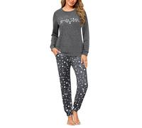 Marvmys Women's Pyjamas Set Long Sleeve Pyjamas Set Ladies Cotton Sleepwear Pjs Round Neck Soft Top and Long Bottoms with Pockets Dark Grey