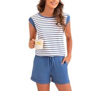 Marvmys Women's Short Sleeve Pyjama Set Soft Cotton Rich Cap Sleeve Top with Plain Shorts Striped Cotton Ladies Nightwear for Summer A-Blue S