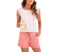 Marvmys Women's Short Sleeve Pyjama Set Soft Cotton Rich Cap Sleeve Top with Plain Shorts Striped Cotton Ladies Nightwear for Summer A-Pink XL