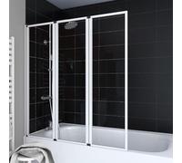 Marwell Triple White Shower Screen for Bathtub 125 x 143 cm Folding Bath Screen in White Bath Attachment with Clear Glass
