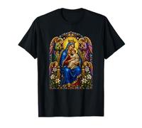 Mary and Child Jesus Angels Medieval Catholic Icon Artwork T-Shirt