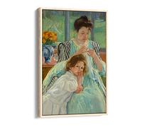 Mary Cassatt Young Mother Sewing - Blue Canvas Floater Frame Print Picture Art - Light Oak Frame 12 inch wide x 18 inch high