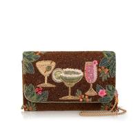 Mary Frances Cheers to Paradise Crossbody Handbag, Brown | Tropical botanical design with three festive cocktail details for a fun, vacation-inspired look