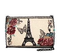 MARY FRANCES Parisian Crossbody Handbag - Eiffel Tower Beaded Evening Bag with Floral Butterfly Design, Ivory Hand-Beaded Clutch with Removable Chain Strap, Romantic Travel-Inspired Women’s Purse