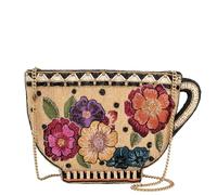 MARY FRANCES Tea Party Crossbody Handbag - Teacup Shaped Hand Beaded Floral Evening Bag, Multicolor Designer Clutch with Removable Chain Strap, Women’s Statement Bag for Party & Special Occasions