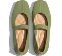 Mary Jane Flats Squire Toe, Knit Ballet Flats with Elastic Strap for Everyday Wear, Lightweight and Breathable, Avaliable in Black, Red, Cream, Brown, Sagegreen, 5 UK
