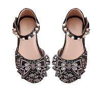 Mary Jane Princess Shoes for Kids Girls Cute Bowknot Rhinestones Adjustable Strap Formal Dress Flat Stage Performance Dance Sandals Toddler Birthday Party Sandal (Black, 11.5 Little Child)