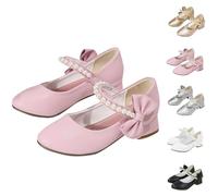 Mary Jane Princess Shoes with Pearl Bow, 4-16 Years Girls' Leather Shoe Children Fancy Dress Up Sandals, Elegant Cosplay Dance Footwear Mid Heels Sneakers Glitter Party Sandal UK
