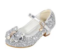 Mary Jane Shoes for Girls with Shiny Bow,Lo Heels Sparkly Dance Shoes, Birthday Part Bridesmaid Wedding Shoe Glitter Dress Up Sandals (Grey, 12 Little Kid)