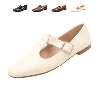 Mary Jane Shoes for Women, Classic T-Strap Ballet Flats Comfy PU Pointed Toe Penny Loafers for Women Work Dressy Casual Everyday (Beige,34EU)