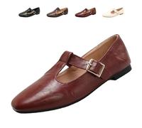 Mary Jane Shoes for Women, Classic T-Strap Ballet Flats Comfy PU Pointed Toe Penny Loafers for Women Work Dressy Casual Everyday (Burgundy,38EU)