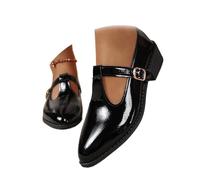 Mary Jane Shoes for Women, Classic T-Strap Ballet Flats Women's PU Leather Penny Loafers Slip On Dressy Shoes for Office Work (37EU,Glossy Black)