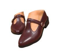 Mary Jane Shoes for Women, Classic T-Strap Ballet Flats Women's PU Leather Penny Loafers Slip On Dressy Shoes for Office Work (40EU,Wine Red)