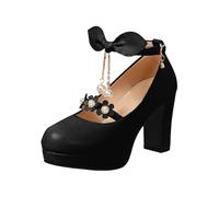 Mary Jane Shoes with Bow Tie and Chain Beads Pendants Romantic Style Heels Dressed Women Elegant Comfortable for Gala Ceremony Prom, A black, 6 UK