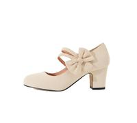 Mary Jane Shoes Women's Bowknot Heel Shoes Retro Heels Vintage Pumps Faux Suede Shoes Closed Round Toe Pumps Dirndl Shoes Office Comfortable Wedding Shoes, beige, 4 UK