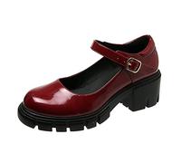 Mary Jane Shoes Women's Casual Four Seasons Plain Non-Slip Square Heels Round Toe Breathable Buckle Strap Work Shoes Goth Shoes, Wine Red, 8.5 UK