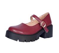 Mary Jane Shoes Women's Chunky Platform Princess Shoes Square Heel Leather Shoes with Buckle Classic Round Toe Slingback Shoes Elegant Lolita Women's Shoes Soft Flat Shoes, Wine Red, 6 UK