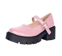 Mary Jane Shoes Women's Chunky Platform Princess Shoes Square Heel Leather Shoes with Buckle Classic Round Toe Slingback Shoes Elegant Lolita Women's Shoes Soft Flat Shoes, pink, 9 UK