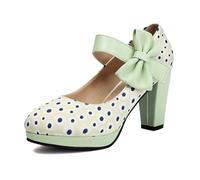 Mary Jane Shoes Women's Elegant Buckle Pumps with Bow Block Heel Closed Round Toe Comfortable Polka Dot Work Pumps High Heels for Weddings Oktoberfest and Party, Green, 10 UK