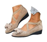 Mary Jane Strappy Shoes Women's Pumps with Bow, Comfortable Wedge Heel Shoes, Elegant Ballet Flats with Straps, Breathable Balerina Shoes, Elegant Beach Shoes, Heel Shoes, White, 37 Closed, khaki, 6