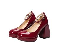Mary Jane Women's Block Heel Shoes Leather Platform Shoes Comfortable Elegant Ankle Strap Summer Party Holiday Shoes, Wine, 8 UK