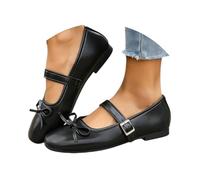 Mary Jane Women's Leather Evening Shoes Round Toe with Bow, black, 8 UK
