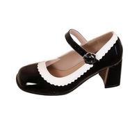 Mary Jane Women's Patent Leather Ruffle Edge Adjustable Buckle Strap Retro Chic Heels High Heels Comfortable Block Heel for Evening Party Wedding Walk, A black, 2 UK