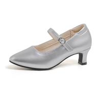 Mary Jane Women's Patent Leather Strappy Pumps Round Stiletto Heel Pumps Shiny Faux Leather High Heels Elegant Comfortable Dance Shoes Non-Slip Slip On Loafer, silver, 8.5 UK
