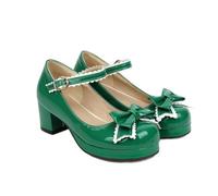 Mary Janes Patent Leather Block Med Heel Pumps for Women Shoes Lolita Fashion Vintage Maid Cosplay, Green, 8 UK