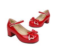 Mary Janes Patent Leather Block Med Heel Pumps for Women Shoes Lolita Fashion Vintage Maid Cosplay, red, 9 UK